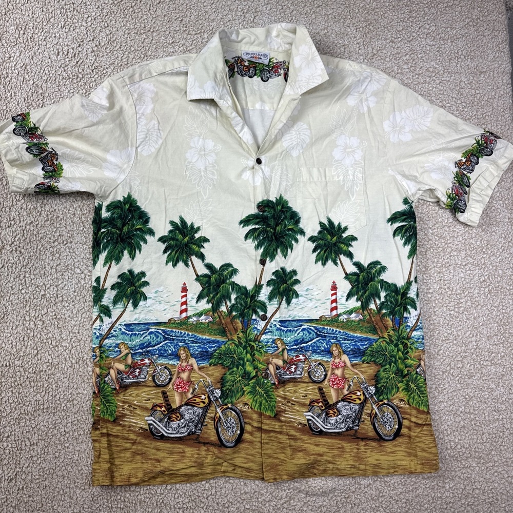 Pacific Legend Hawaiian Shirt Mens XL Palm Tree Biker Babes Cotton Made in USA